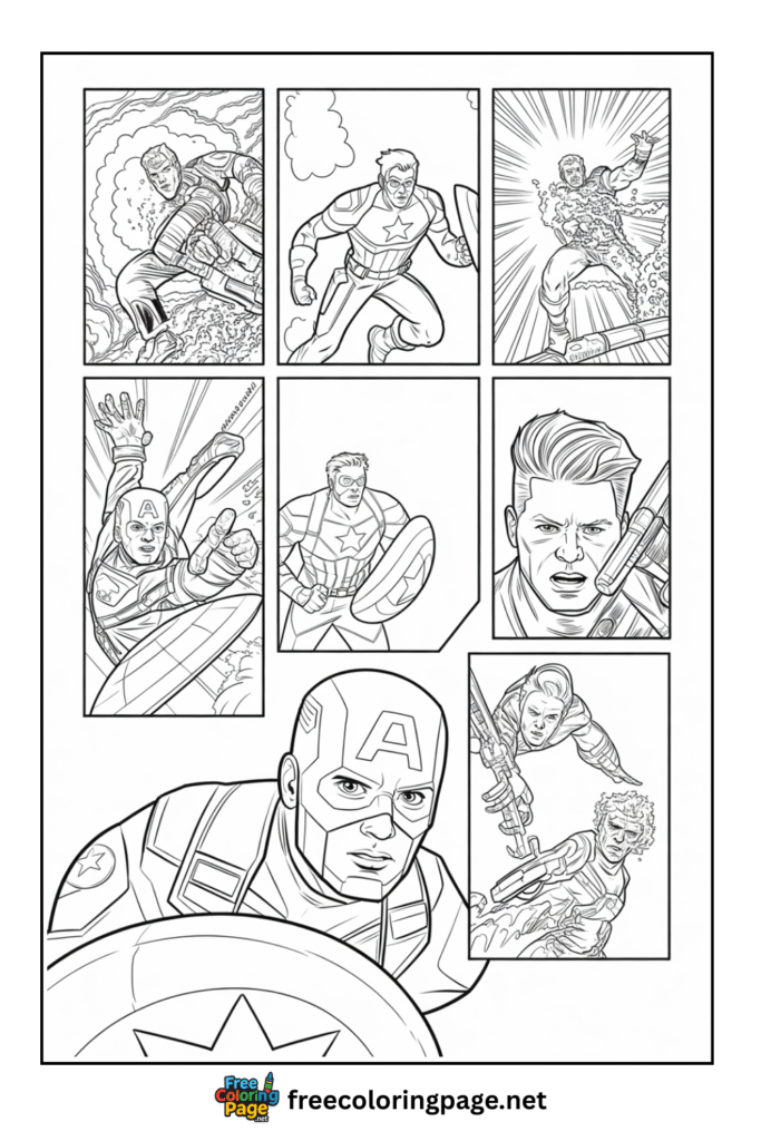 coloring page of captain america in action comic strip