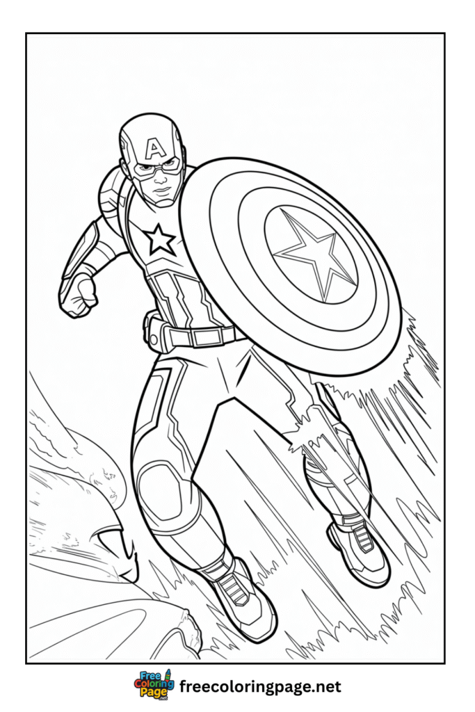 coloring page of captain america in superhero action