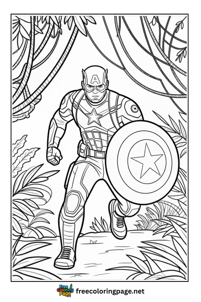 coloring page of captain america in jungle mission