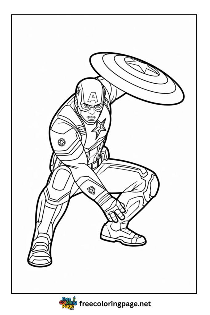coloring page of captain america sitting down while protecting with shield
