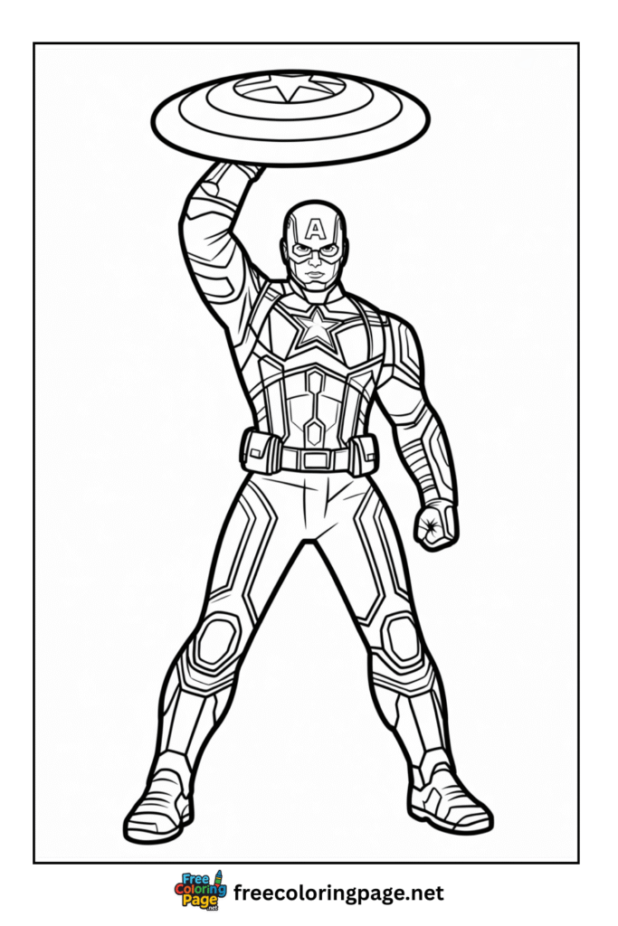 coloring page of captain america holding shield upword