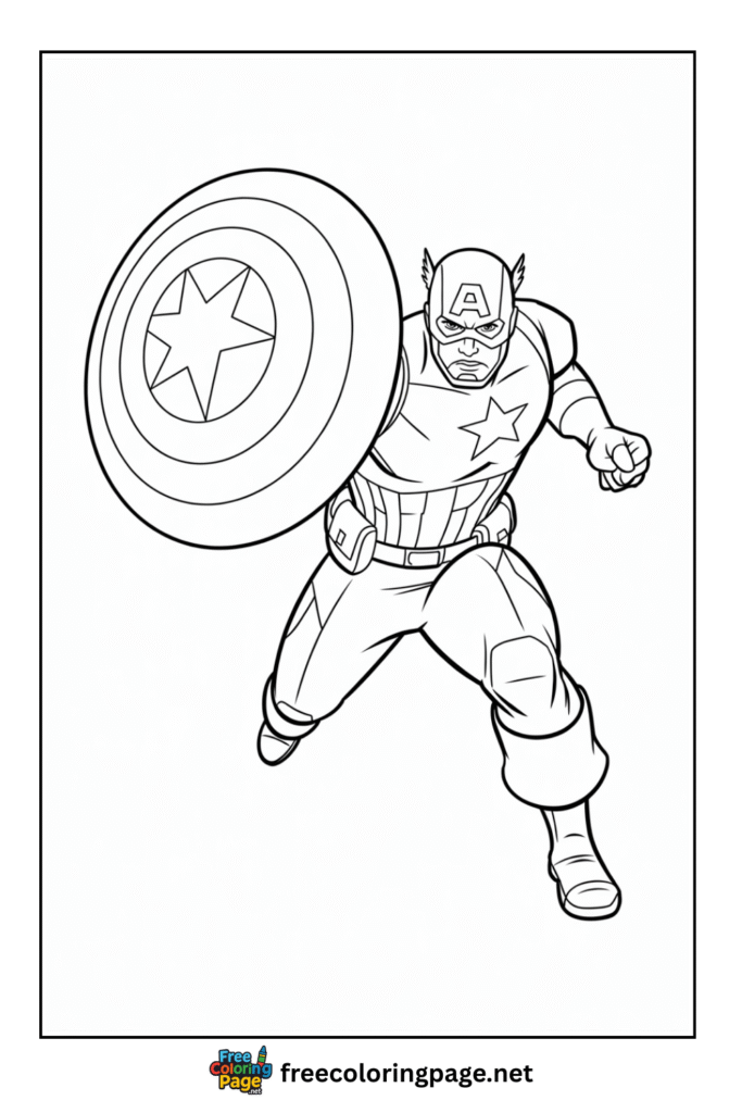 coloring page of captain america running and protecting the shield