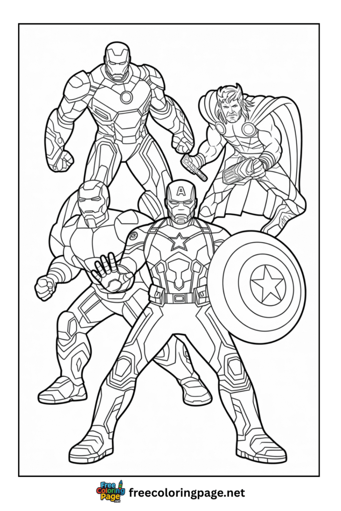 coloring page of captain america with avengers