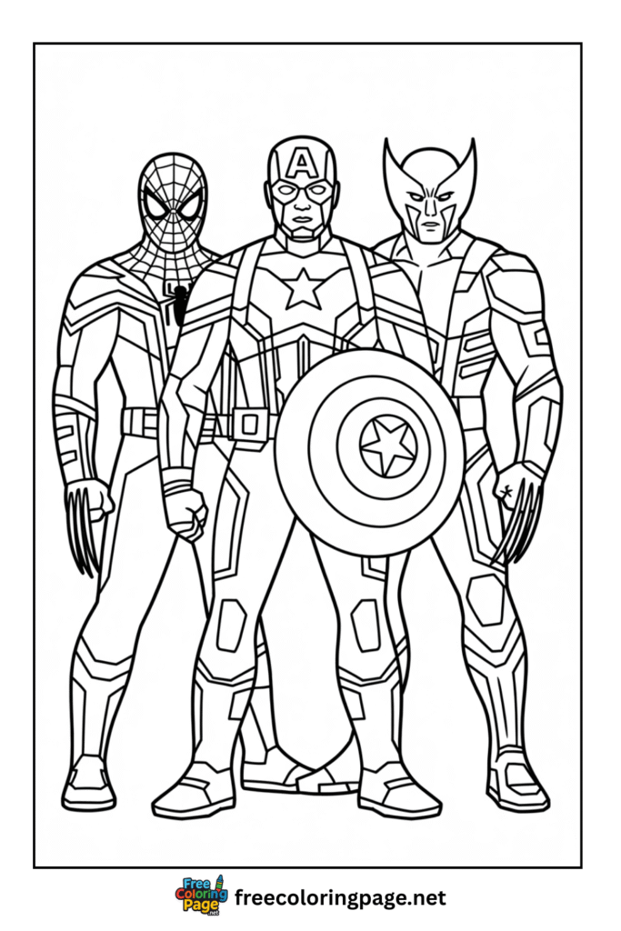 coloring page of captain america with spiderman and wolverine
