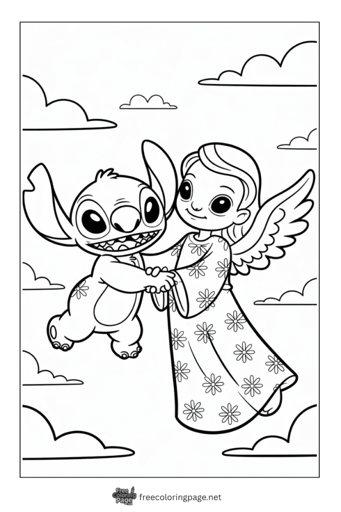 coloring page of stitch with angel