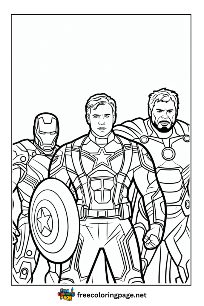 coloring page of captain america with ironman and thor