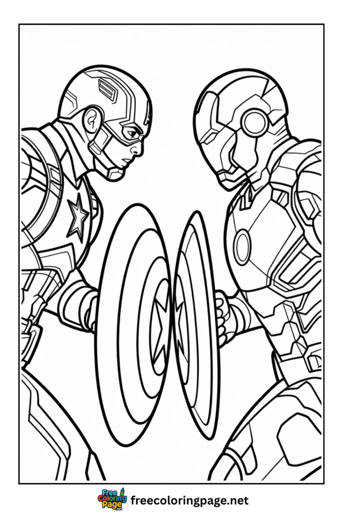 coloring page of captain america face to face with ironman