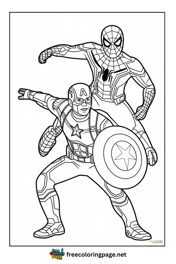 coloring page of captain america with spiderman