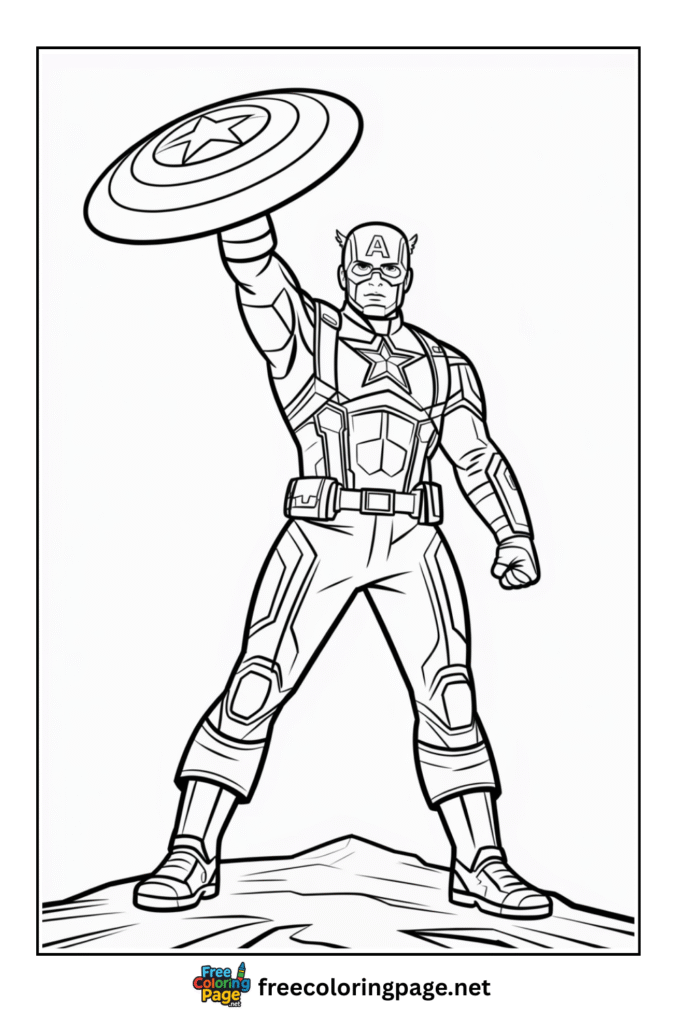 coloring page of captain america showing his shield up