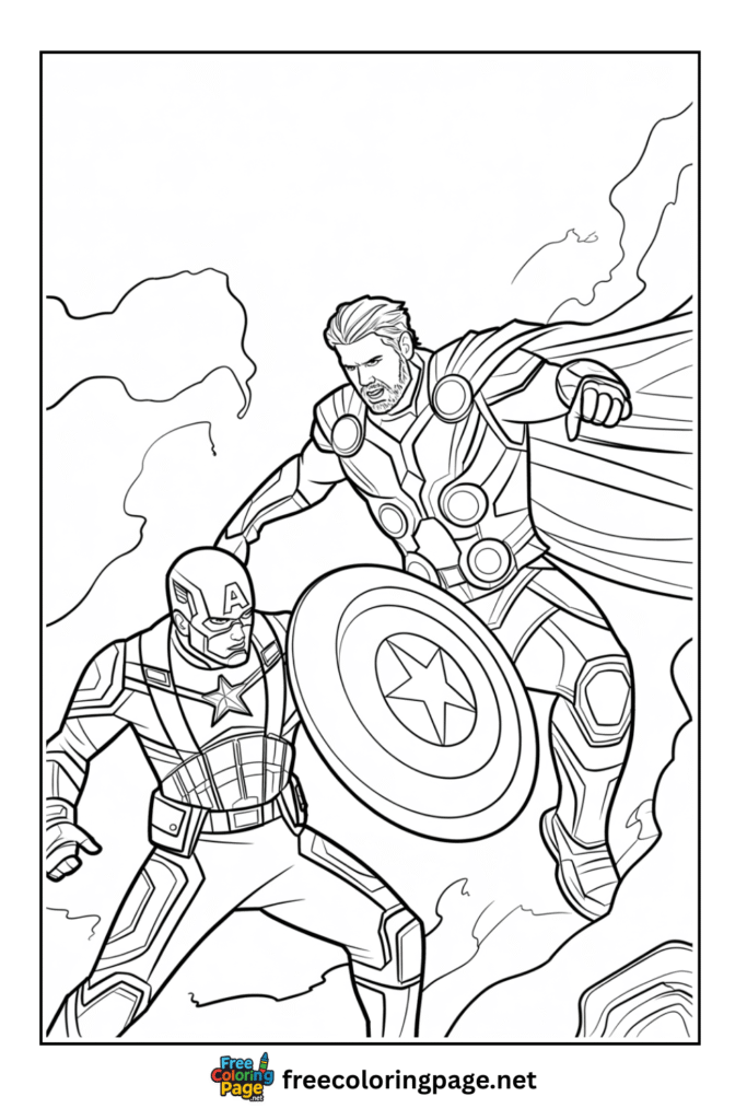 coloring page of captain america fight with thor
