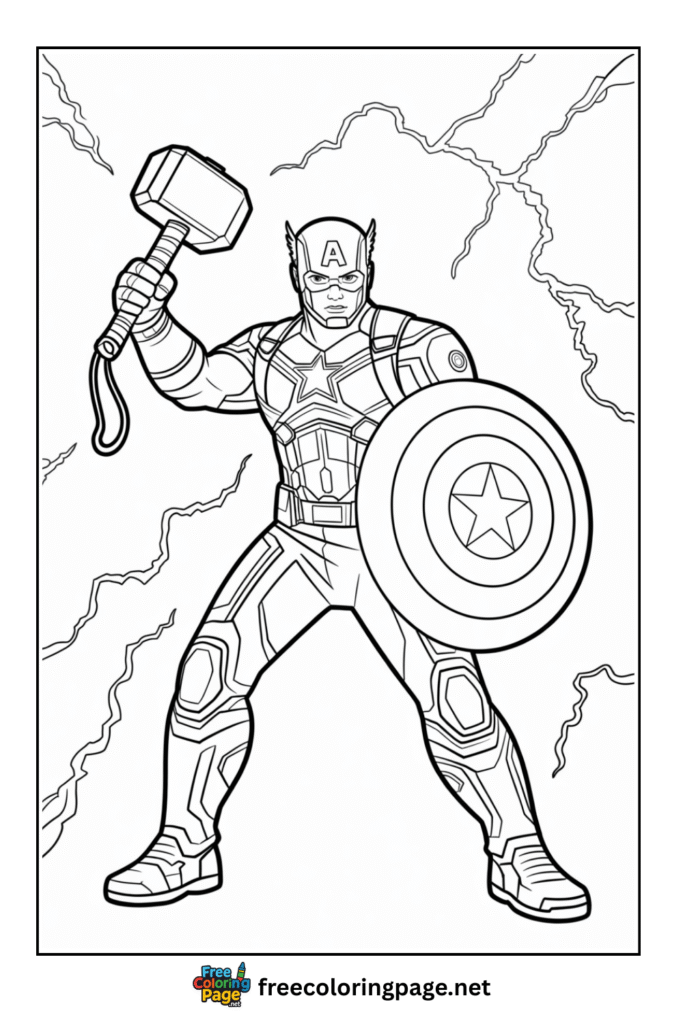 coloring page of captain america holding mjolnir