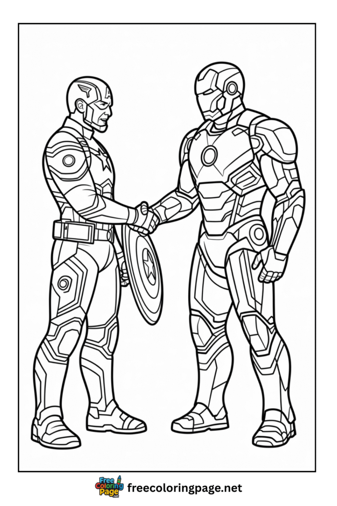 coloring page of captain america shaking hand with ironman