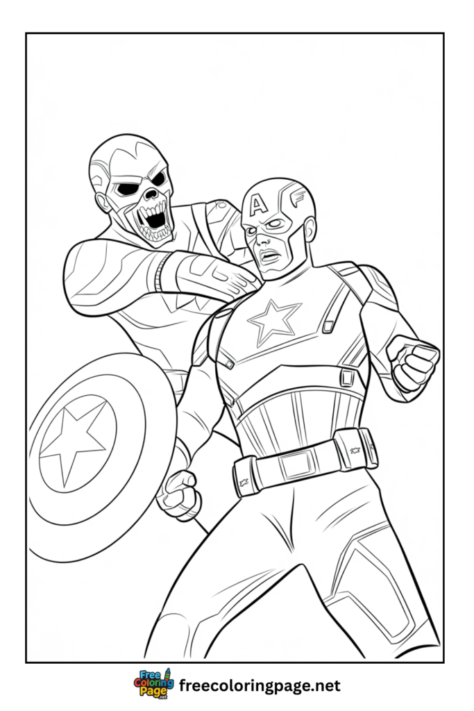 coloring page of captain america with fight scene
