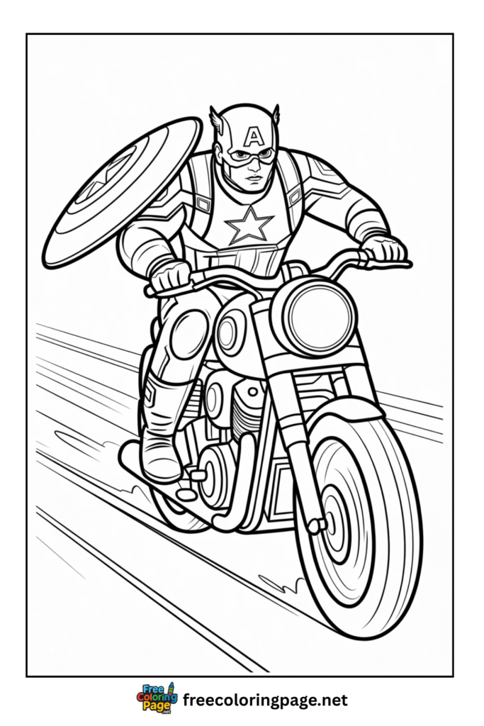 coloring page of captain america riding motor bike
