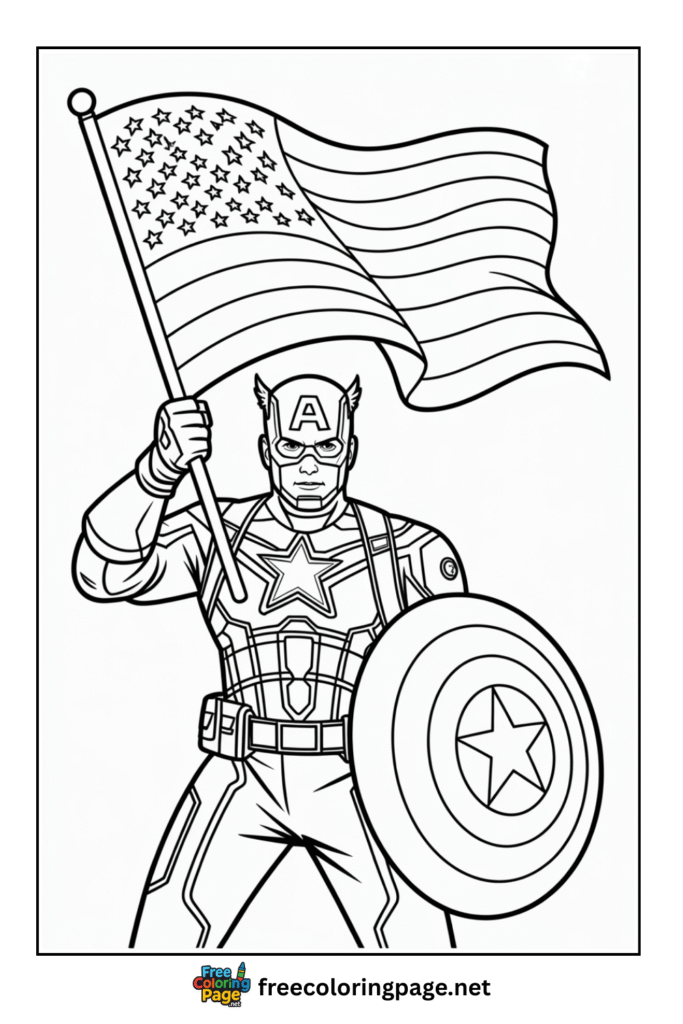 coloring page of captain america waving US flag