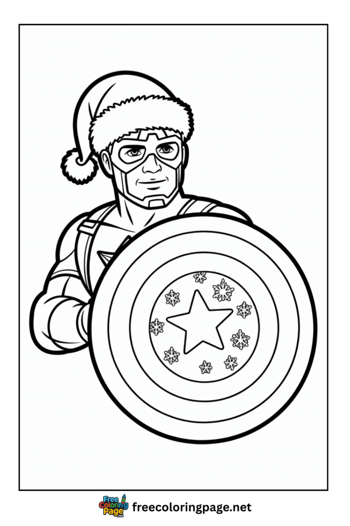 coloring page of captain america wearing christmas hat