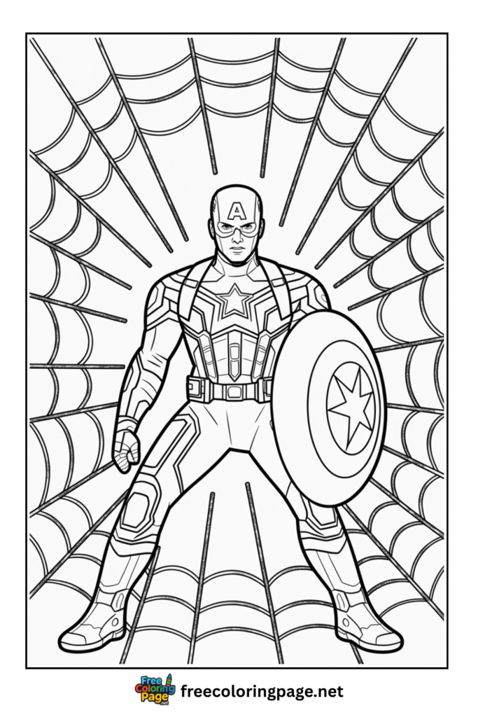coloring page of captain america with spider web