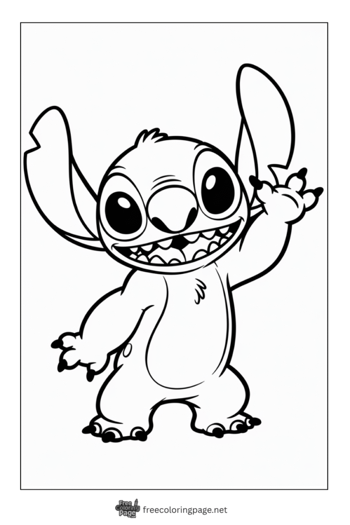 coloring page of stitch classic waving pose