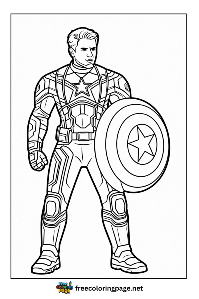 coloring page of captain america standing with shield