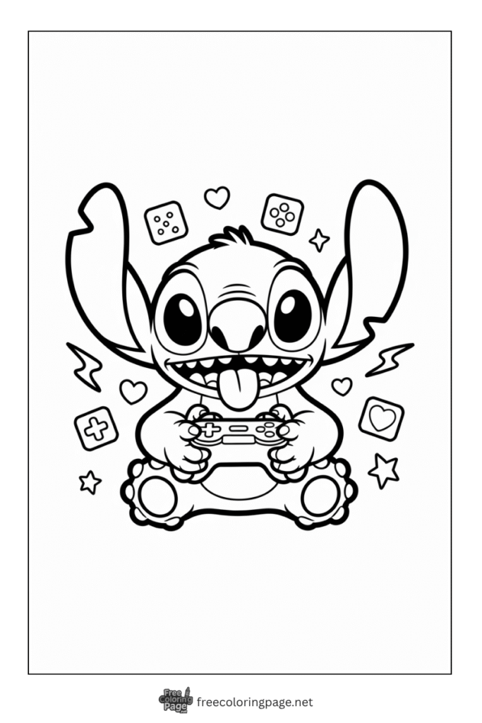 coloring page of stitch playing video game