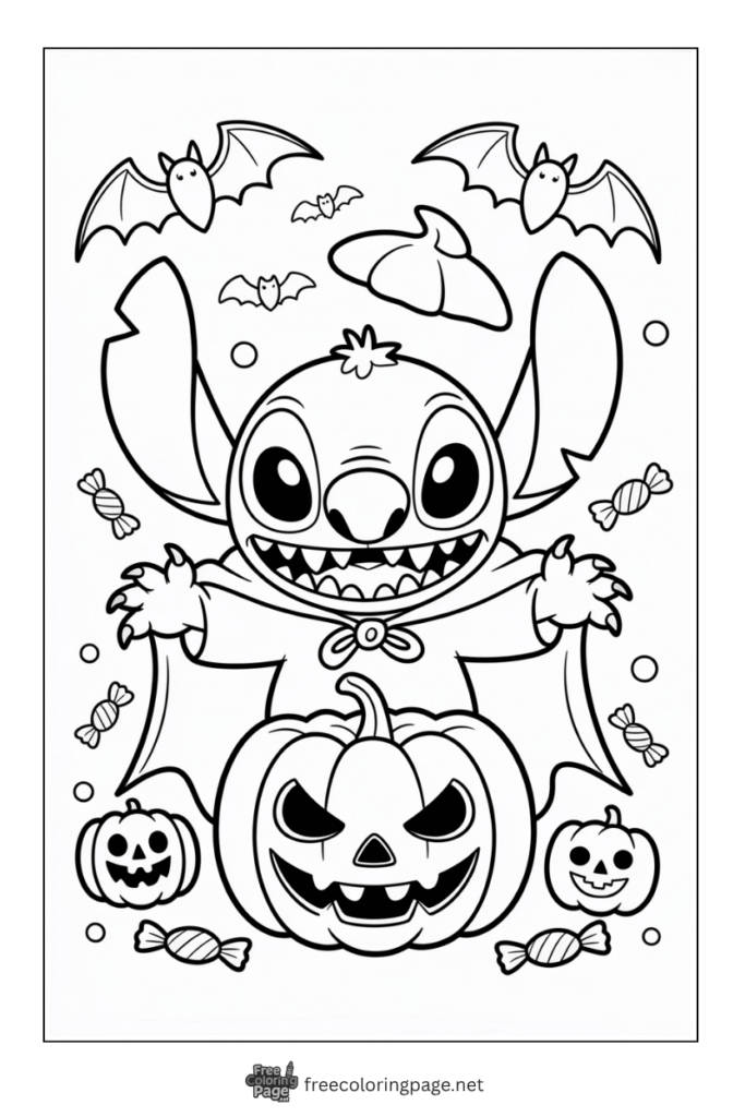 coloring page of stitch with halloween pumpkin