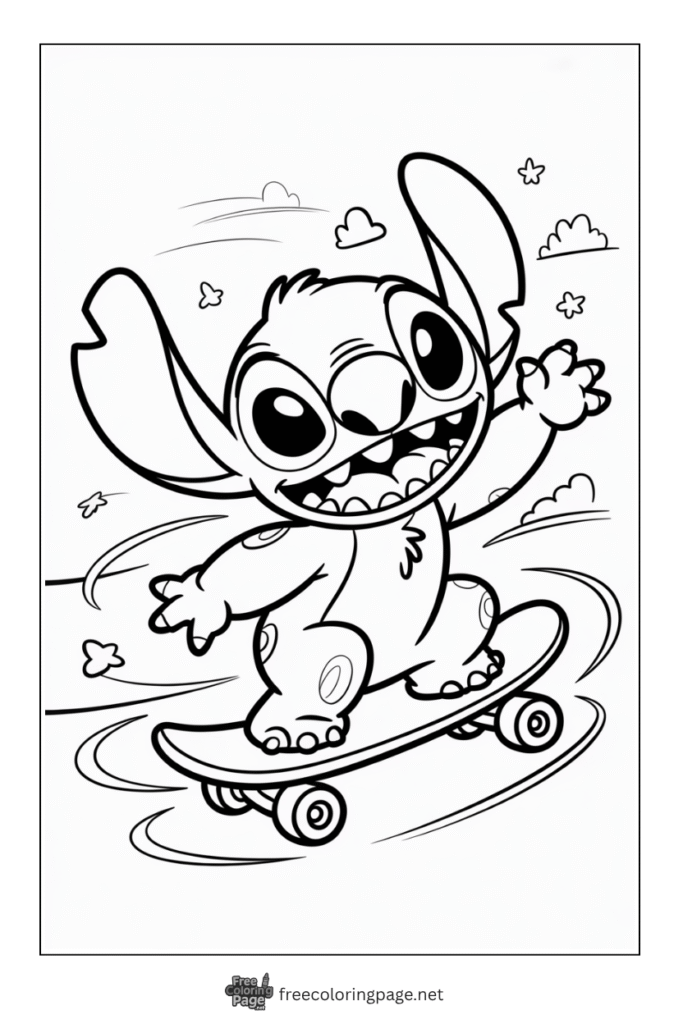 coloring page of stitch running skateboard
