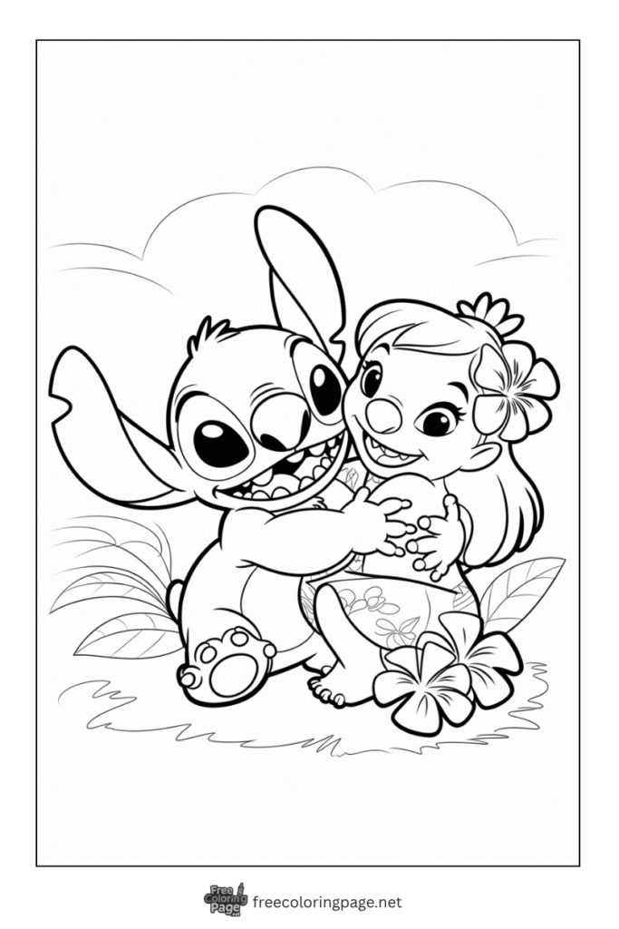 coloring page of stitch hugging lilo