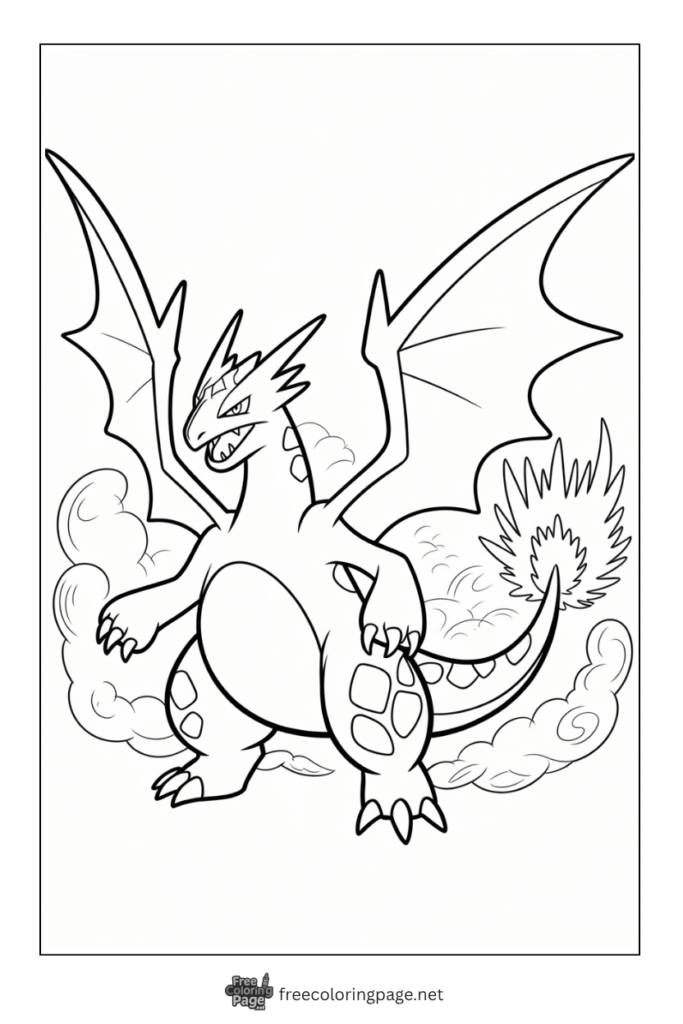 coloring page of charizard pokemon with fiery tail