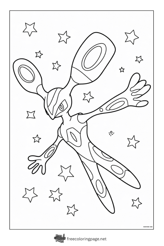coloring page of deoxys pokemon with flying action