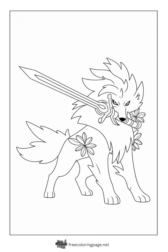 coloring page of legendary pokemin zacian with sword