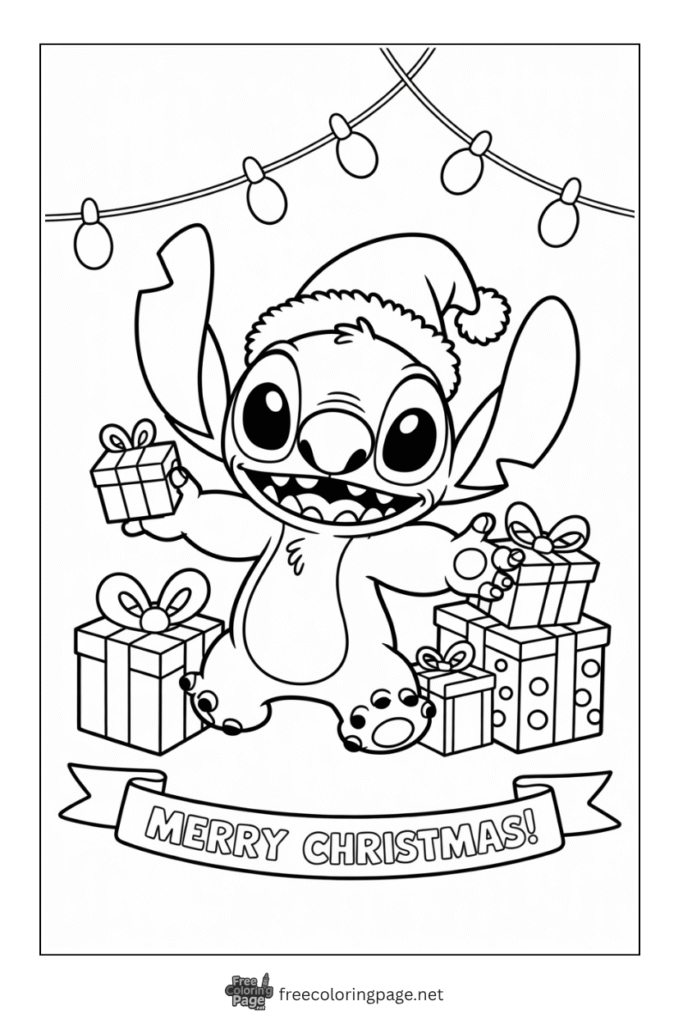 coloring page of stitch and christmas