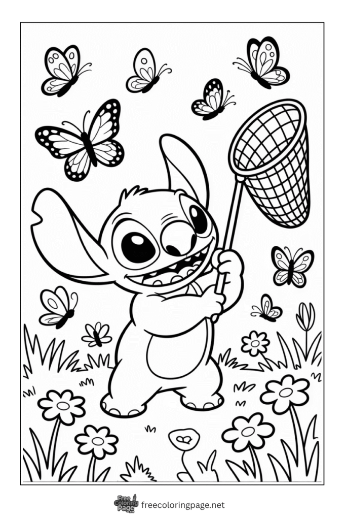 coloring page of stitch catching butterflies