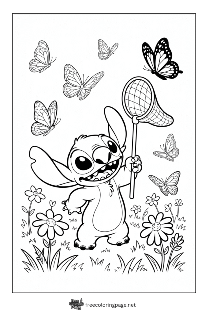 coloring page of stitch and butterflies