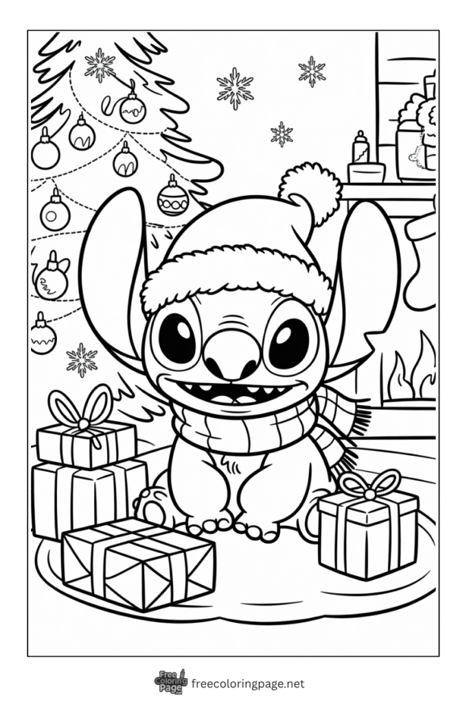 coloring page of stitch wearing christmas cap