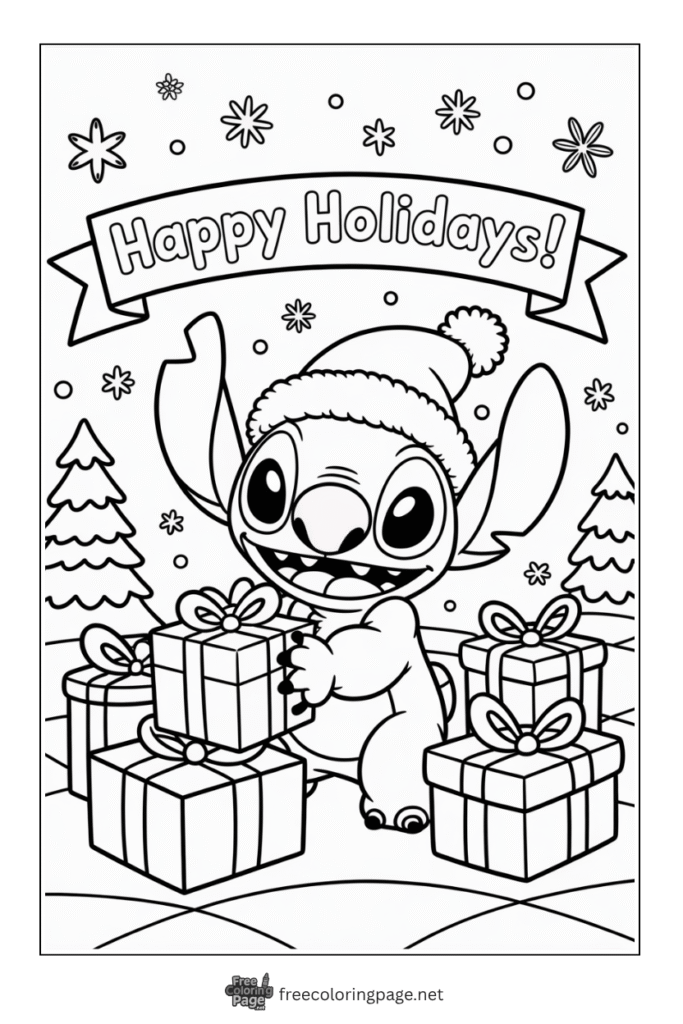 coloring page of stitch saying happy holidays