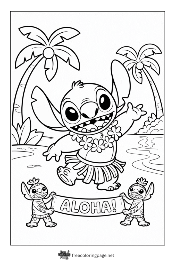 coloring page of stitch dancing haula