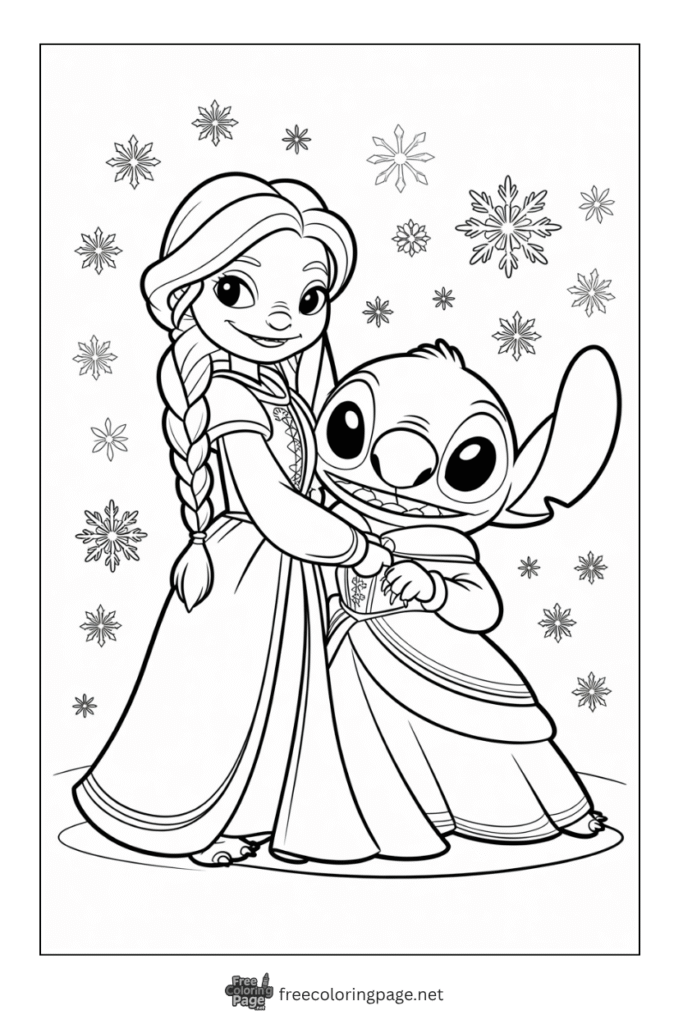 coloring page of stitch and winter princess