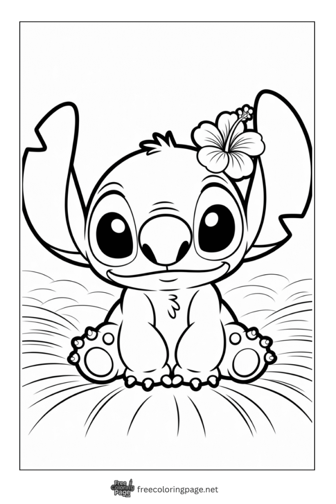 coloring page of stitch sitting and have flower on his head