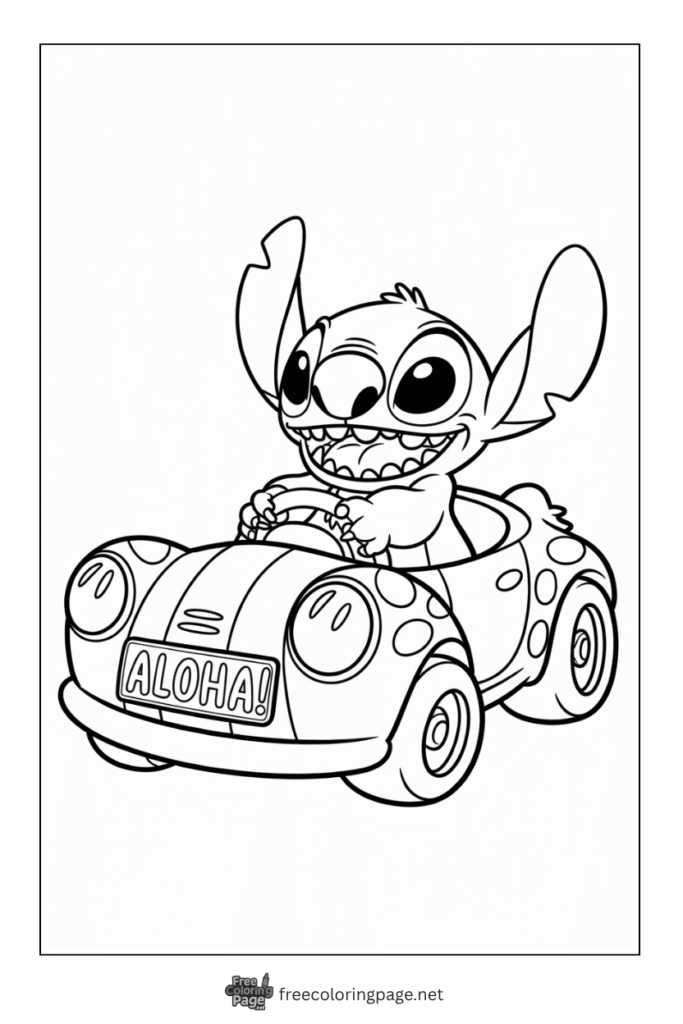 coloring page of stitch and car driving
