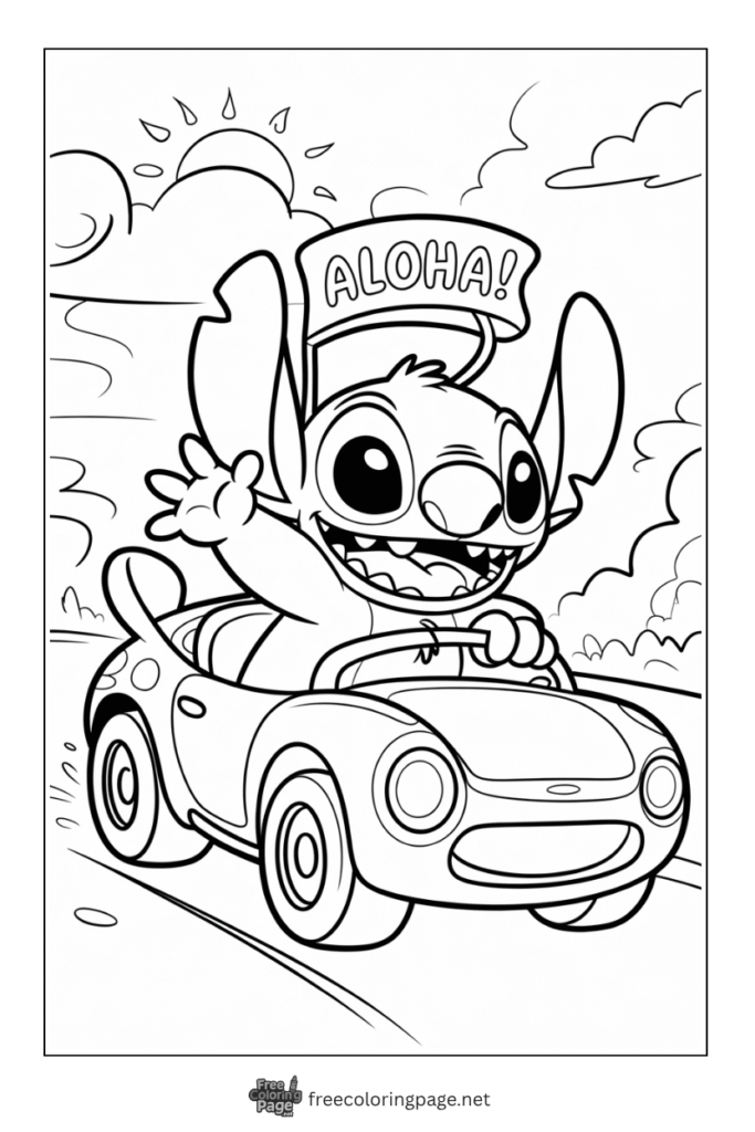 coloring page of stitch driving car