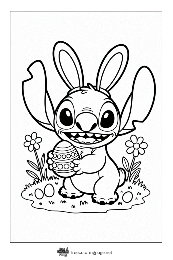 coloring page of stitch celebrating easter