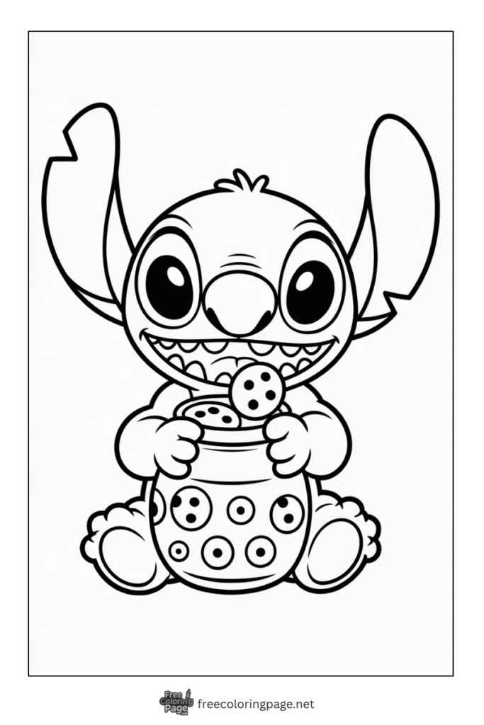 coloring page of stitch enjoying cookies