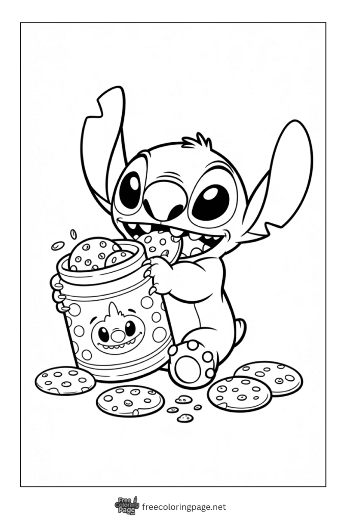 coloring page of stitch eating cookies