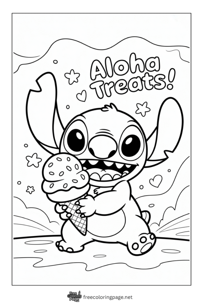 coloring page of stitch having ice cream