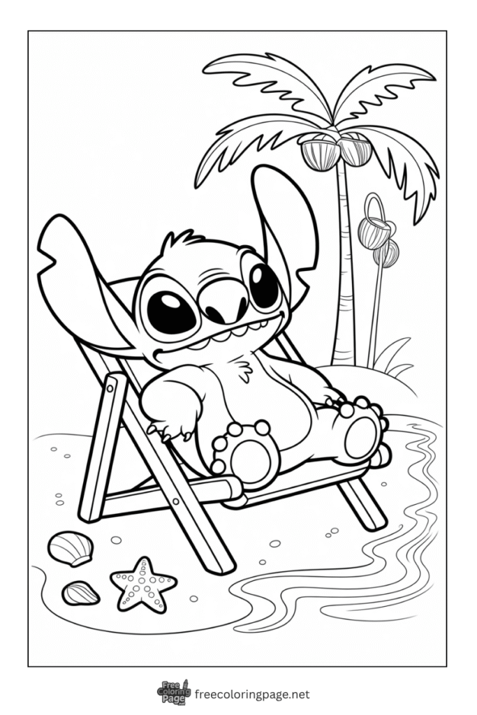 coloring page of stitch at beach lying