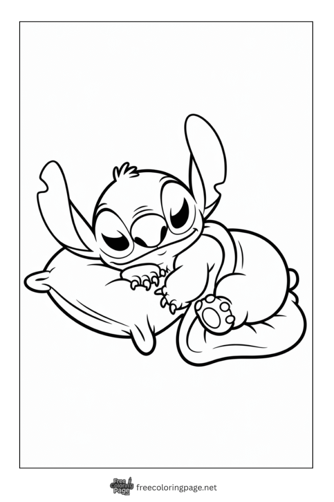 coloring page of stitch sleeping on cushion