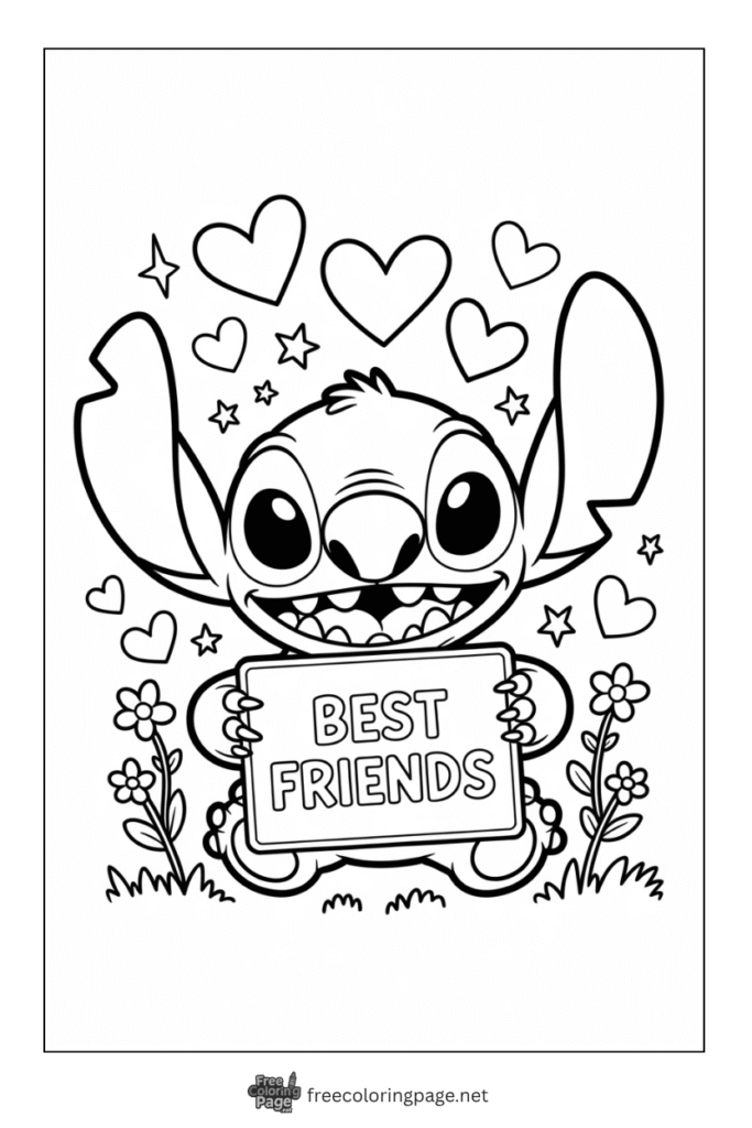 coloring page of stitch holding best friend