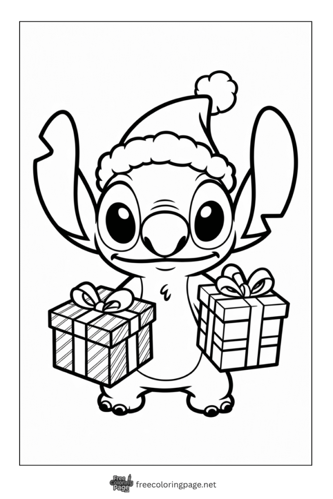 coloring page of stitch holding christmas gifts