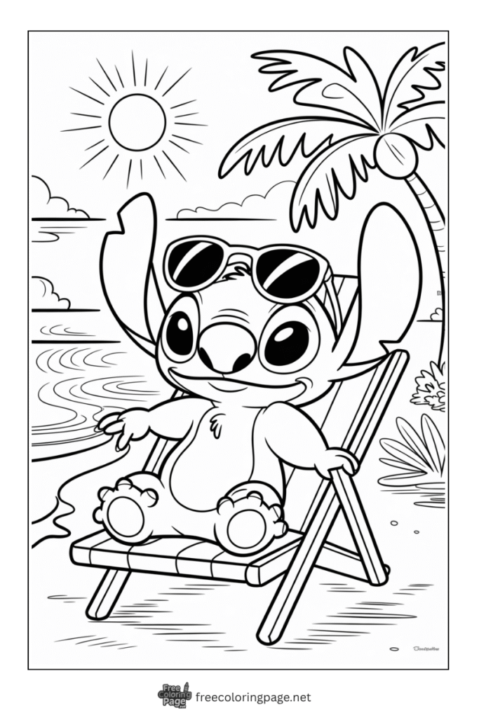 coloring page of stitch at beach under palm tree
