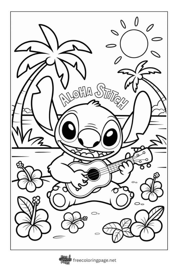 coloring page of stitch playing guitar